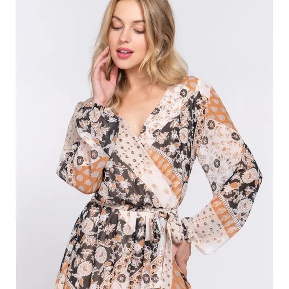 Boho Patchwork Floral Long Sleeve Romper - Picture 2 of 3
